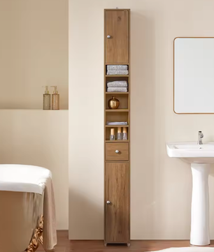 Hoge Badkamerkast met 5 Vakken – Smal Opbergmeubel met Lade en Deuren (Wit, 20×180×20 cm)