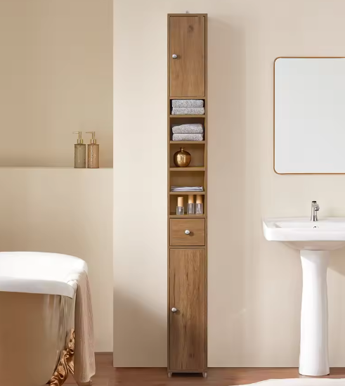 Hoge Badkamerkast met 5 Vakken – Smal Opbergmeubel met Lade en Deuren (Wit, 20×180×20 cm)