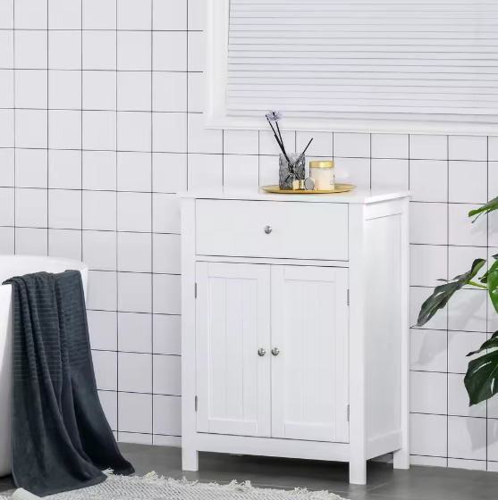 Badkamerkast met Lade en Dubbele Deuren – MDF Opbergmeubel 60×30×80 cm