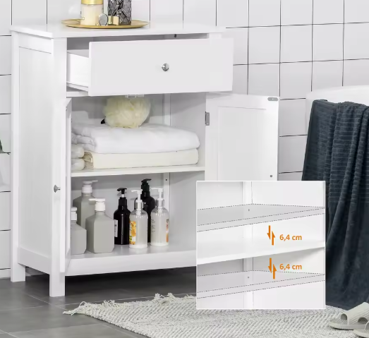 Badkamerkast met Lade en Dubbele Deuren – MDF Opbergmeubel 60×30×80 cm