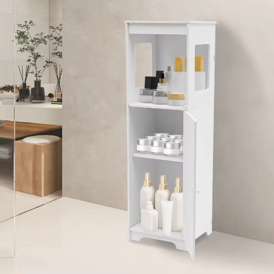 Witte Badkamer Opbergkast van PVC – Smal Kastmeubel met Planken 28×25×90 cm