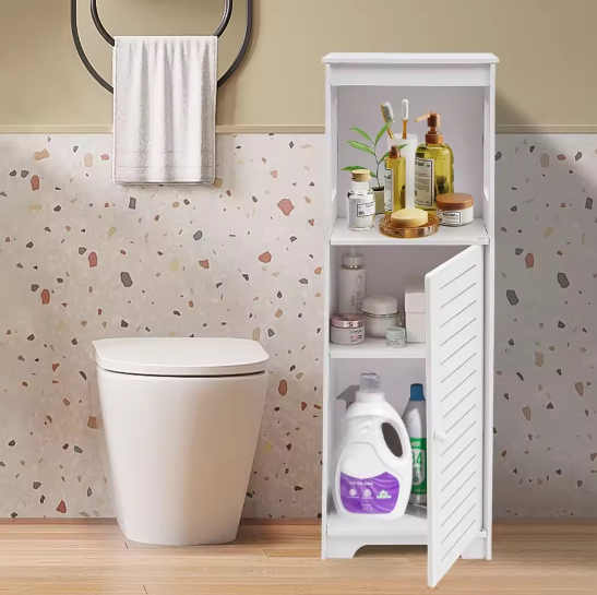 Witte Badkamer Opbergkast van PVC – Smal Kastmeubel met Planken 28×25×90 cm