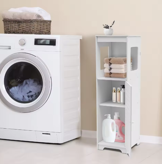 Witte Badkamer Opbergkast van PVC – Smal Kastmeubel met Planken 28×25×90 cm