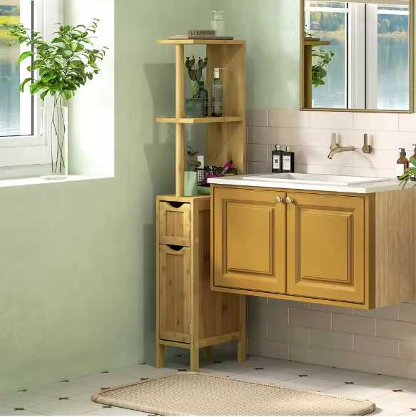 Hoge Smalle Badkamerkolom met Deuren en Planken – Natuurlijk 18×30×120 cm