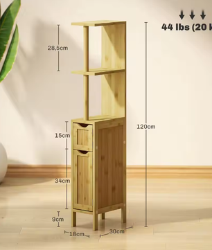Hoge Smalle Badkamerkolom met Deuren en Planken – Natuurlijk 18×30×120 cm