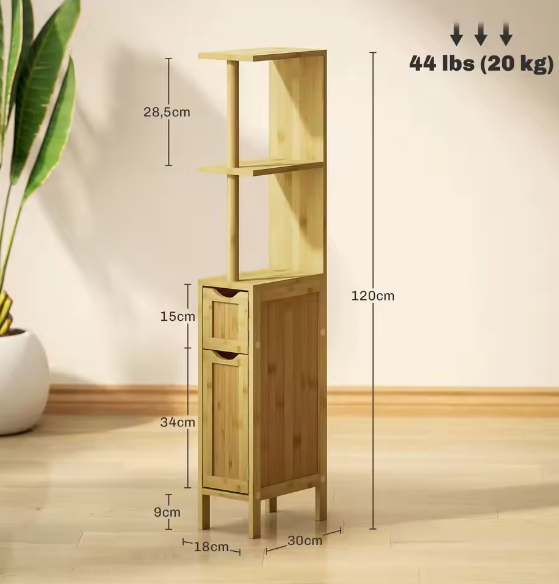 Hoge Smalle Badkamerkolom met Deuren en Planken – Natuurlijk 18×30×120 cm