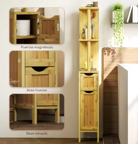 Hoge Smalle Badkamerkolom met Deuren en Planken – Natuurlijk 18×30×120 cm