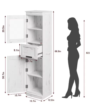Hoge Vrijstaande Badkamerkast – Opbergkast met Glazen Deuren en Verstelbare Planken