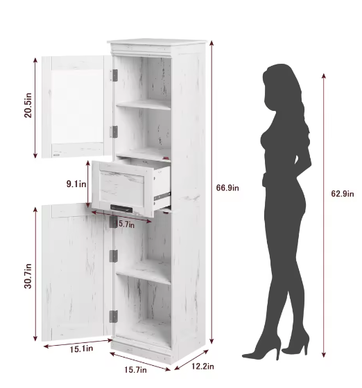 Hoge Vrijstaande Badkamerkast – Opbergkast met Glazen Deuren en Verstelbare Planken