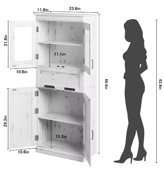 Hoge Vrijstaande Badkamerkast – Opbergkast met Glazen Deuren en Verstelbare Planken