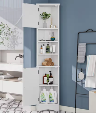 Driehoekig Badkamermeubel – Hoekkast met Deuren en Open Vakken 36,5×24,5×170 cm