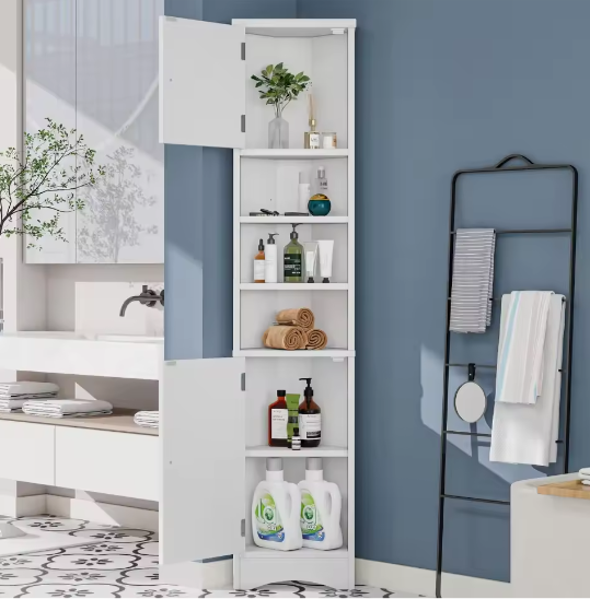 Driehoekig Badkamermeubel – Hoekkast met Deuren en Open Vakken 36,5×24,5×170 cm