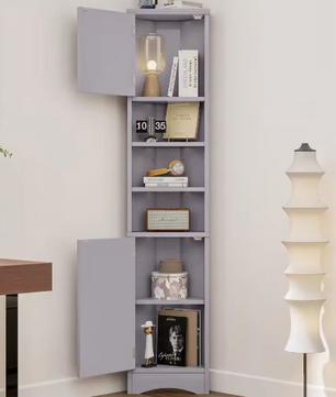 Driehoekig Badkamermeubel – Hoekkast met Deuren en Open Vakken 36,5×24,5×170 cm