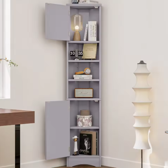 Driehoekig Badkamermeubel – Hoekkast met Deuren en Open Vakken 36,5×24,5×170 cm