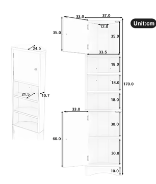 Driehoekig Badkamermeubel – Hoekkast met Deuren en Open Vakken 36,5×24,5×170 cm