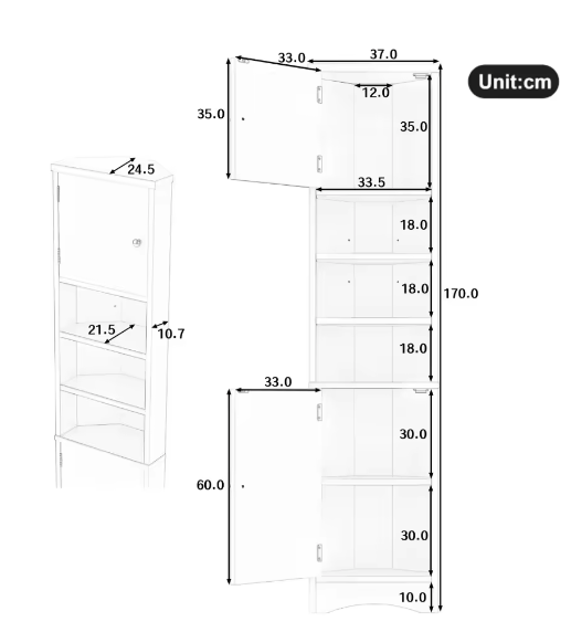 Driehoekig Badkamermeubel – Hoekkast met Deuren en Open Vakken 36,5×24,5×170 cm
