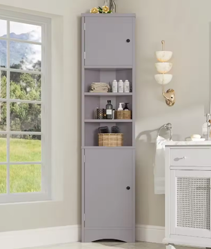 Driehoekig Badkamermeubel – Hoekkast met Deuren en Open Vakken 36,5×24,5×170 cm