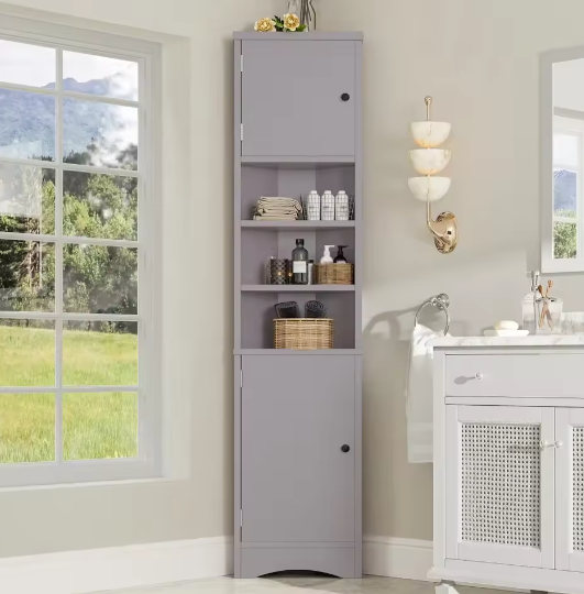 Driehoekig Badkamermeubel – Hoekkast met Deuren en Open Vakken 36,5×24,5×170 cm