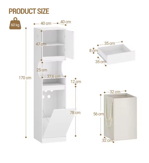 Hoge Badkamerkast met Wasmand – Slim Opbergsysteem voor Was en Toiletartikelen
