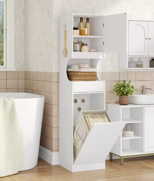 Hoge Badkamerkast met Wasmand – Slim Opbergsysteem voor Was en Toiletartikelen