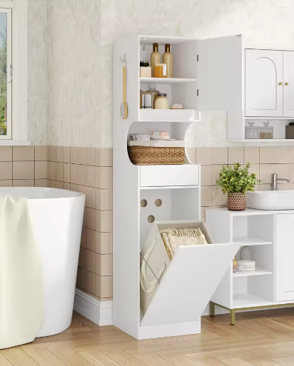 Hoge Badkamerkast met Wasmand – Slim Opbergsysteem voor Was en Toiletartikelen