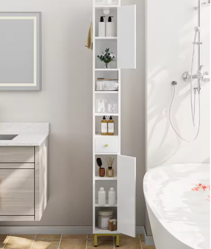 Hoge Witte Badkamerkast met Deuren, Lade en Open Vak – 180 cm