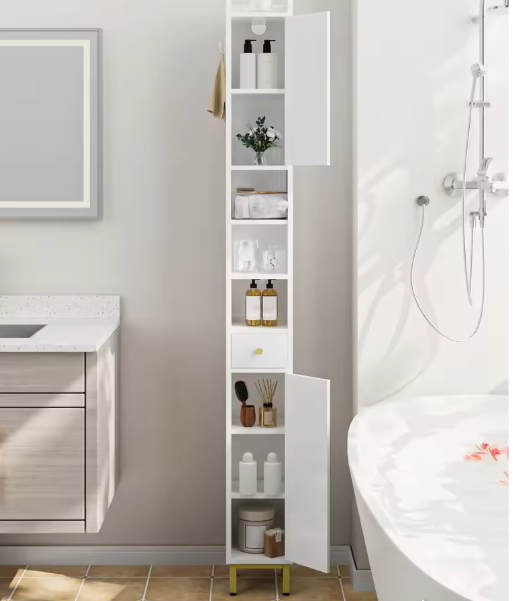 Hoge Witte Badkamerkast met Deuren, Lade en Open Vak – 180 cm