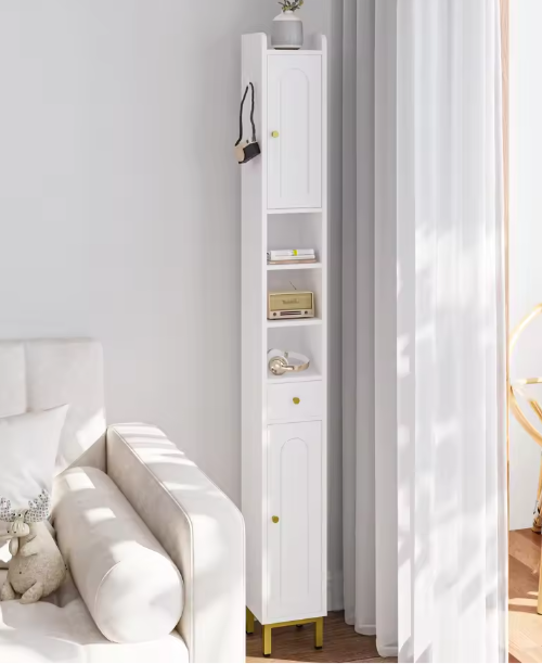 Hoge Witte Badkamerkast met Deuren, Lade en Open Vak – 180 cm