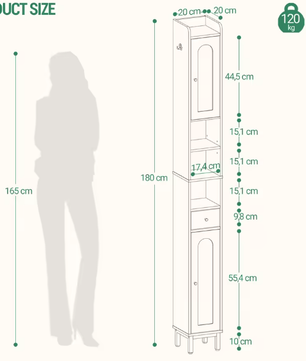 Hoge Witte Badkamerkast met Deuren, Lade en Open Vak – 180 cm