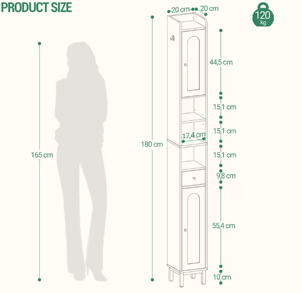 Hoge Witte Badkamerkast met Deuren, Lade en Open Vak – 180 cm