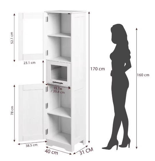 Hoge Badkamerkast met Deuren en nbsp; Lade – 170 cm Opbergmeubel