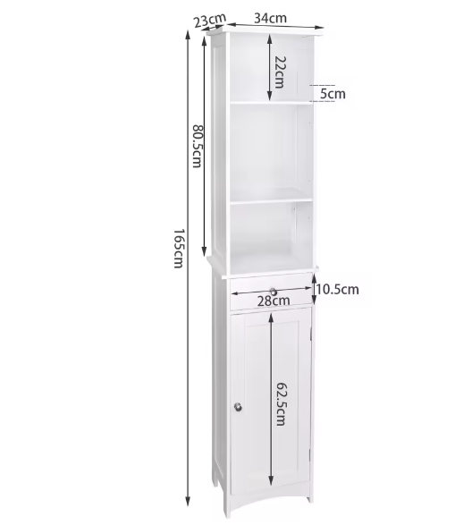 Vrijstaande Badkamerkast 33x23x165 cm – Lade en Planken Organizer
