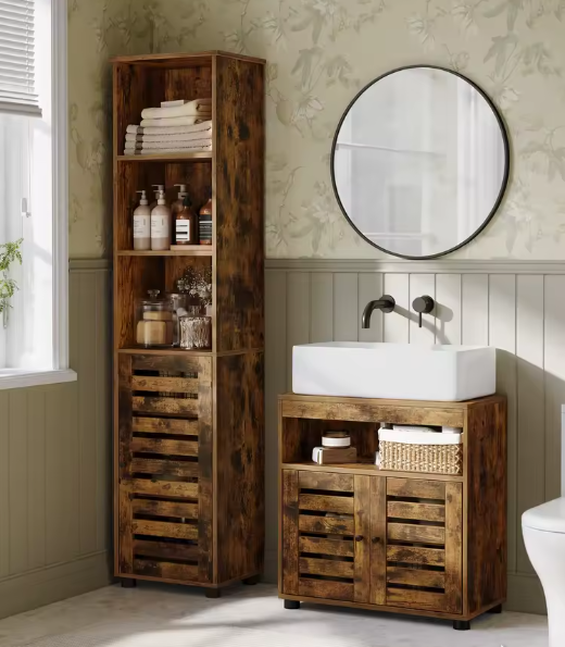 Vrijstaande Badkamerkast Onder Wastafel – 2-Deurs Opbergkast met Verstelbare Plank, 60x30x63 cm