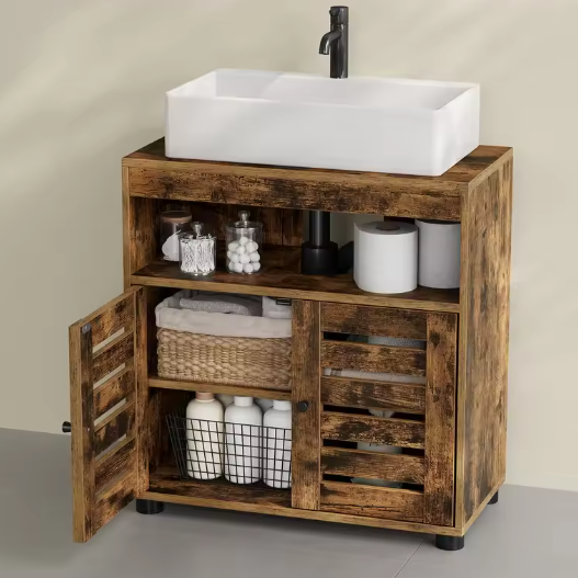 Vrijstaande Badkamerkast Onder Wastafel – 2-Deurs Opbergkast met Verstelbare Plank, 60x30x63 cm