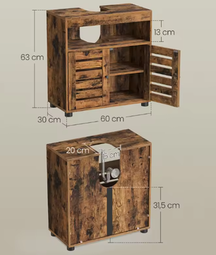 Vrijstaande Badkamerkast Onder Wastafel – 2-Deurs Opbergkast met Verstelbare Plank, 60x30x63 cm