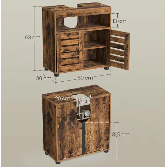 Vrijstaande Badkamerkast Onder Wastafel – 2-Deurs Opbergkast met Verstelbare Plank, 60x30x63 cm