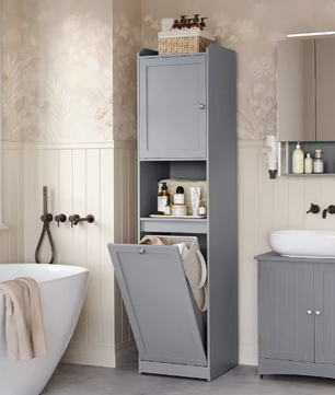 Vrijstaande Badkamerkast met Lade en Afneembare Wasmand – 40x40x170 cm