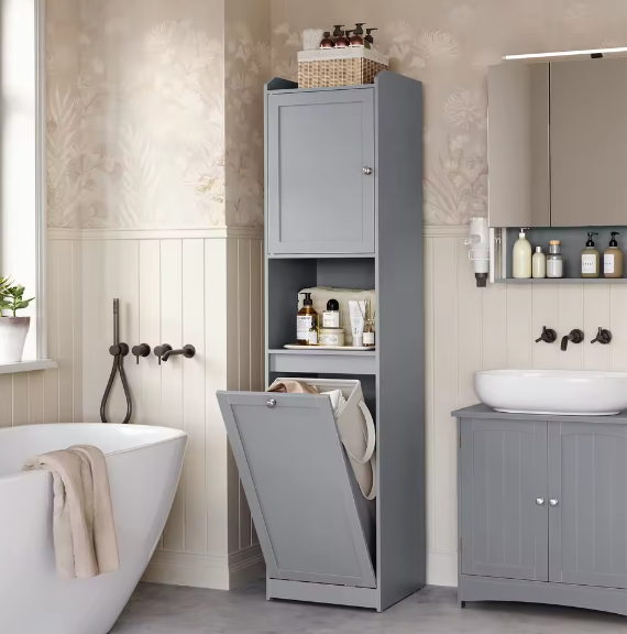 Vrijstaande Badkamerkast met Lade en Afneembare Wasmand – 40x40x170 cm