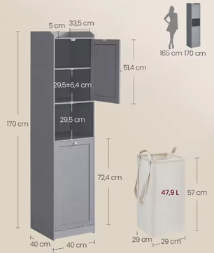 Vrijstaande Badkamerkast met Lade en Afneembare Wasmand – 40x40x170 cm