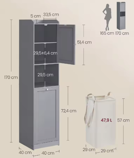 Vrijstaande Badkamerkast met Lade en Afneembare Wasmand – 40x40x170 cm