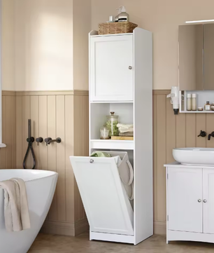 Vrijstaande Badkamerkast met Lade en Afneembare Wasmand – 40x40x170 cm