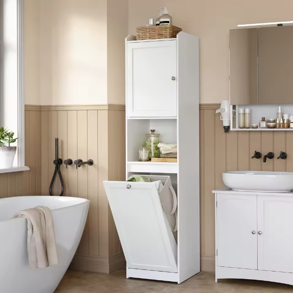 Vrijstaande Badkamerkast met Lade en Afneembare Wasmand – 40x40x170 cm