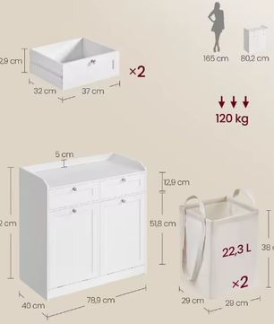 Vrijstaande Badkamerkast met 2 Laden en 2 Afneembare Waszakken – Praktische Opbergoplossing