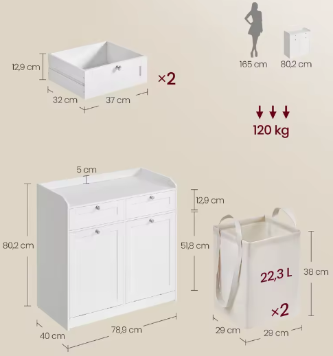 Vrijstaande Badkamerkast met 2 Laden en 2 Afneembare Waszakken – Praktische Opbergoplossing