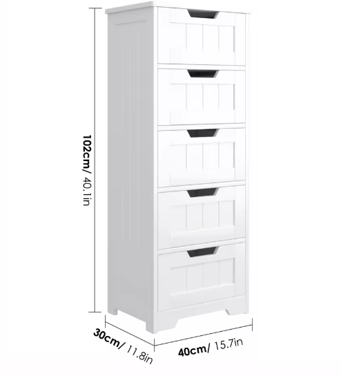 Vrijstaande Badkamerkast met 5 Laden – Smal Opbergmeubel 40x30x102 cm, Wit