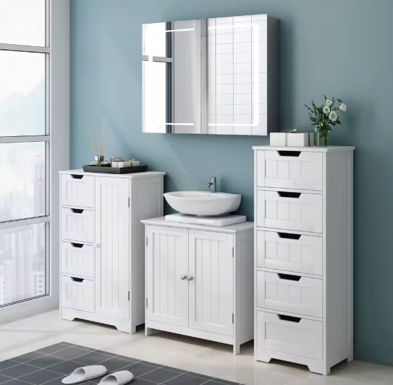 Vrijstaande Badkamerkast met 5 Laden – Smal Opbergmeubel 40x30x102 cm, Wit