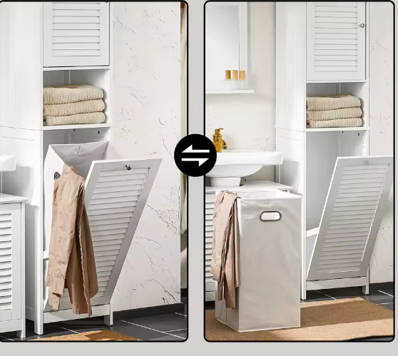 Hoge Badkamerkast met Uitneembare Waszak en Deurvakken – Slim Opbergen