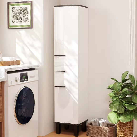 Hoge Badkamerkast met Lade, Deuren en Verstelbare Planken – Wit