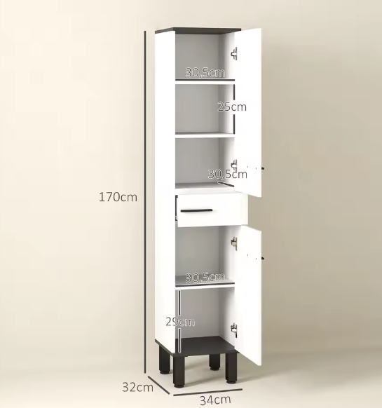 Hoge Badkamerkast met Lade, Deuren en Verstelbare Planken – Wit