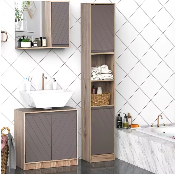 Hoge Badkamerkast met Deuren en Open Planken – Extra Opbergruimte